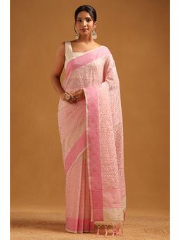 Soch - Cream Embroidered Thread Work Saree With Unstitched Blouse Piece with Unstitched