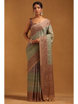 Soch - Green Embroidered Thread Work Saree With Unstitched Blouse Piece with Unstitched