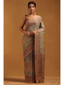 Soch - Beige Embroidered Thread Work Saree With Unstitched Blouse Piece with Unstitched