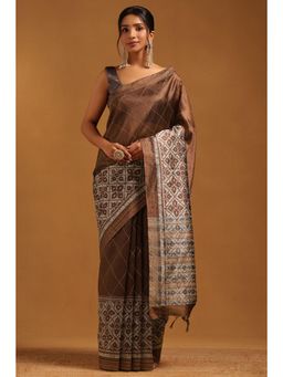 Soch - Brown Embroidered Thread Work Saree With Unstitched Blouse Piece with Unstitched