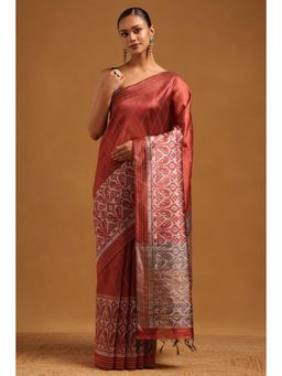 Soch - Rust Embroidered Thread Work Saree With Unstitched Blouse Piece with Unstitched