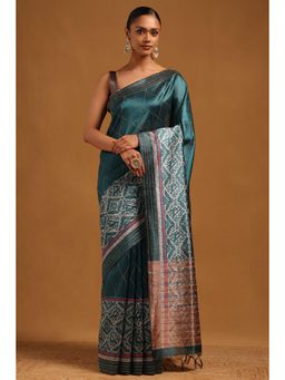 Soch - Blue Embroidered Thread Work Saree With Unstitched Blouse Piece with Unstitched