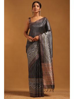 Soch - Grey Embroidered Thread Work Saree With Unstitched Blouse Piece with Unstitched
