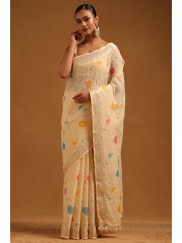 Soch - Yellow Embroidered Thread Work Saree With Unstitched Blouse Piece with Unstitched