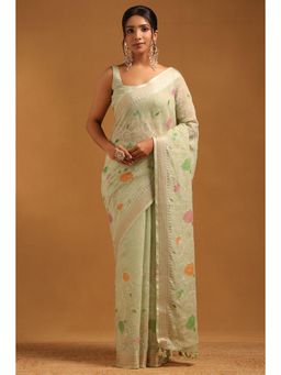 Soch - Green Embroidered Thread Work Saree With Unstitched Blouse Piece with Unstitched