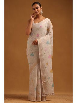 Soch - Grey Embroidered Thread Work Saree With Unstitched Blouse Piece with Unstitched