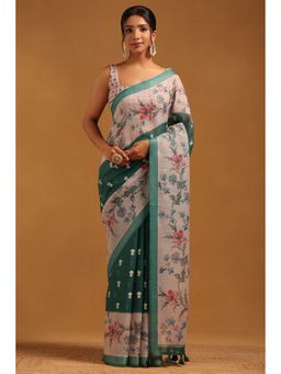 Soch - Green Embroidered Thread Work Saree With Unstitched Blouse Piece with Unstitched