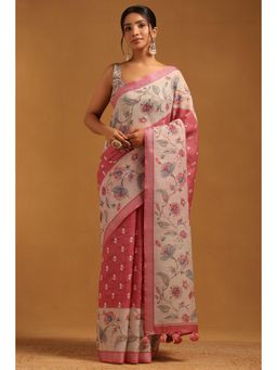 Soch - Pink Embroidered Thread Work Saree With Unstitched Blouse Piece with Unstitched