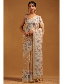 Soch - Beige Embroidered Thread Work Saree With Unstitched Blouse Piece with Unstitched