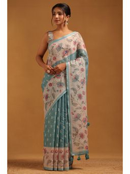 Soch - Blue Embroidered Thread Work Saree With Unstitched Blouse Piece with Unstitched
