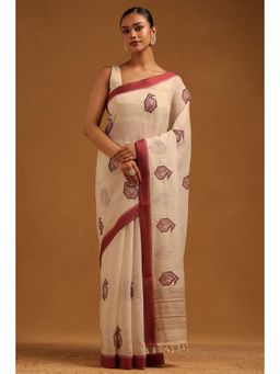 Soch - Maroon Embroidered Thread Work Saree With Unstitched Blouse Piece with Unstitched