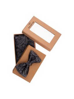 The Tie Hub - Custom Grey Paisley Bow Tie For Men And Pocket Square Gift