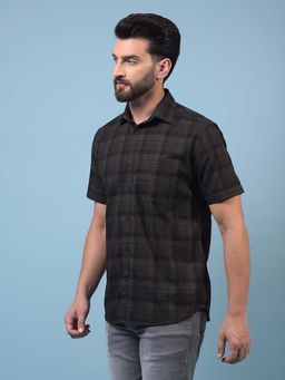 CRIMSOUNE CLUB - Men Olive Checked Pure Cotton Shirt