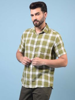 CRIMSOUNE CLUB - Men Olive Checked Pure Linen Shirt