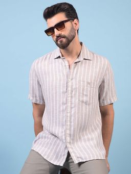 CRIMSOUNE CLUB - Men Mauve Vertical Stripes Linen Shirt