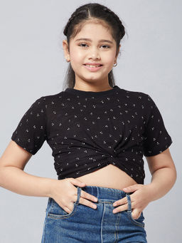 Stylo Bug - Girl's Printed Round Neck Half Sleeves Waist Length Casual Wear Top -black