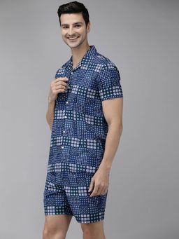 The Bear House - Men Blue & White Printed Pure Cotton Co-ord Blue (Set of 2)