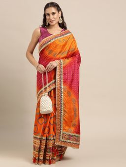 Vastranand - Orange & Pink Sequinned Bandhani Saree with Unstitched Blouse