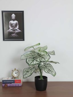 ARICK DECOR - Artificial Caladium Plants with Basic Black Pot 12 Green Leaves Natural Looking Plant