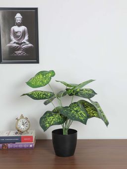 ARICK DECOR - Artificial Dieffenbachia Plants with Basic Black Pot Green Leaves Natural Looking Plant