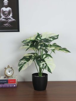 ARICK DECOR - Artificial Monstera Plants with Basic Black Pot 12 Green Leaves Natural Looking Plant