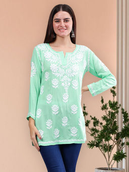 Seva Chikan - Hand Embroidered Sea Green Modal Chikankari Kurti