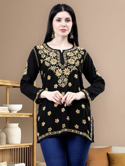 Seva Chikan - Hand Embroidered Black Rayon Chikankari Kurti