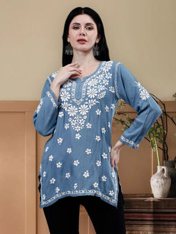 Seva Chikan - Hand Embroidered Grey Rayon Chikankari Kurti