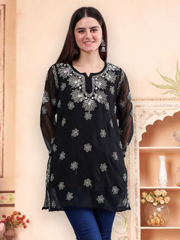 Seva Chikan - Hand Embroidered Black Georgette Chikankari Kurti with Inner (Set of 2)