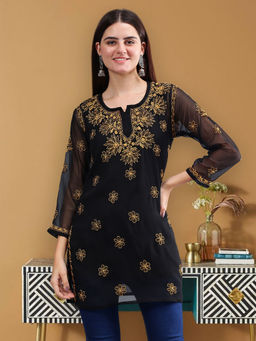 Seva Chikan - Women Hand Embroidered Black Georgette Chikankari Kurti with Inner (Set of 2)