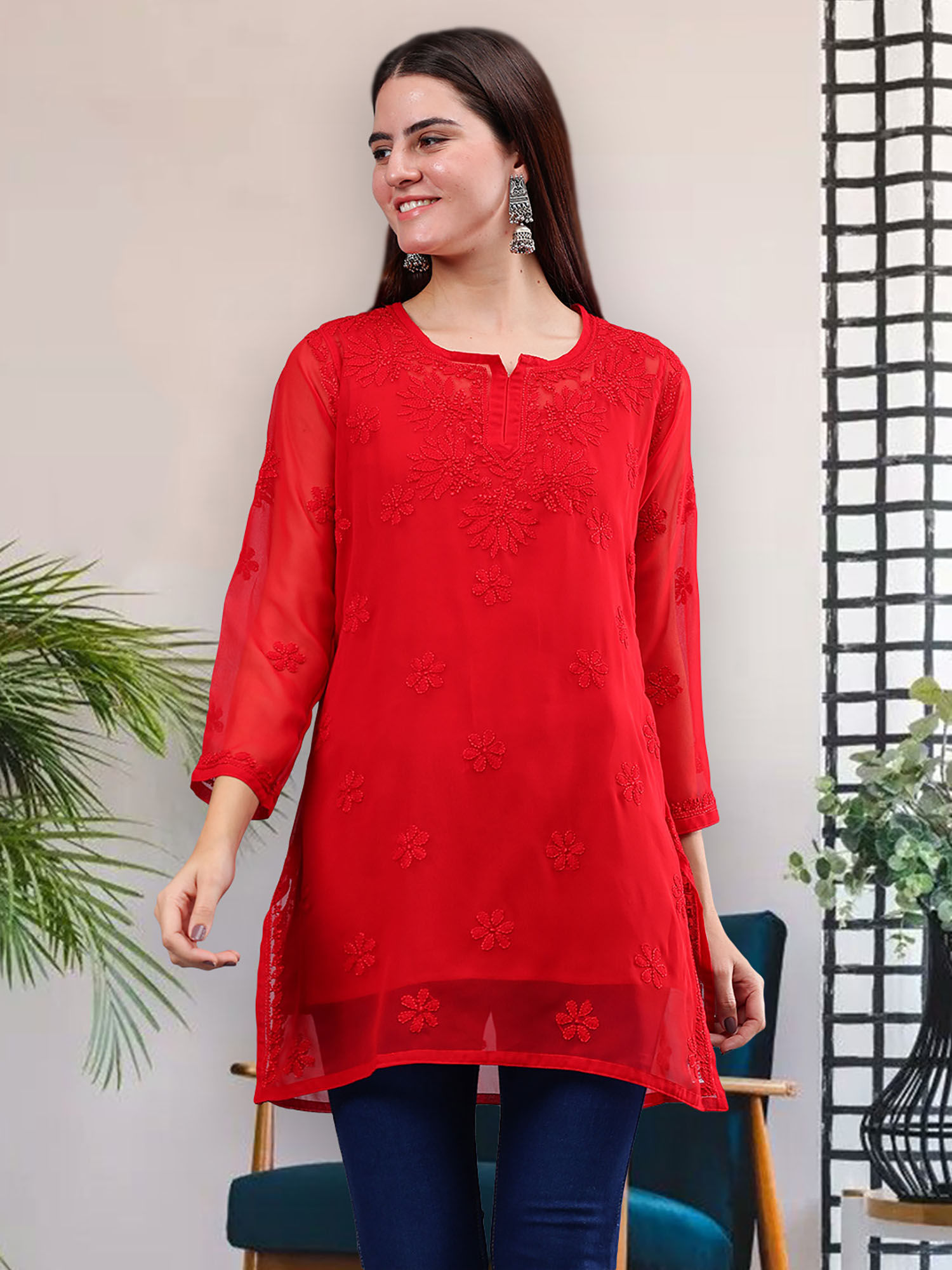 Hand Embroidered Red Georgette Chikankari Kurti with Inner (Set of 2)-image-40