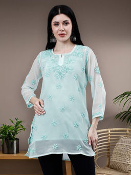 Seva Chikan - Hand Embroidered Sea Green Georgette Chikankari Kurti with Inner (Set of 2)