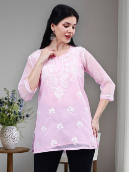 Seva Chikan - Women Hand Embroidered Pink Chikankari Kurti with Inner (Set of 2)
