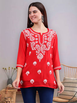 Seva Chikan - Hand Embroidered Red Georgette Chikankari Kurti with Inner (Set of 2)