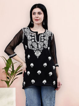 Seva Chikan - Hand Embroidered Black Georgette Chikankari Kurti with Inner (Set of 2)