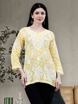Seva Chikan - Hand Embroidered Yellow Mul Chikankari Kurti