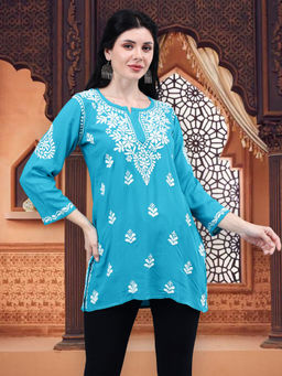 Seva Chikan - Hand Embroidered Turquoise Rayon Chikankari Kurti