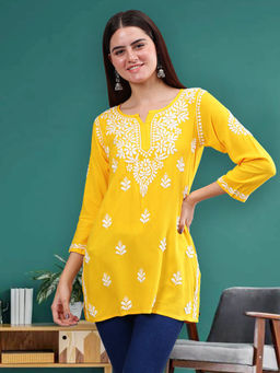 Seva Chikan - Hand Embroidered Yellow Rayon Chikankari Kurti