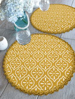 Saral Home - Cotton Crochet Antiskid Printed Table Mat set of 2 pc Yellow