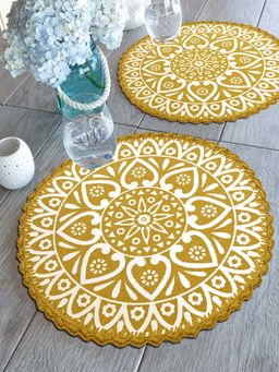 Saral Home - Cotton Crochet Antiskid Printed Table Mat set of 2 pc Yellow