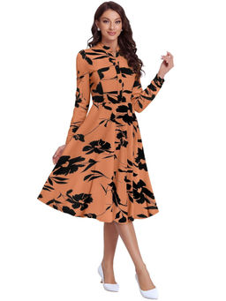 Odette - Women Orange Knit Printed Knee Length Dress