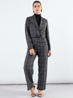 Powersutra - Stylish Notched Lapel Checkered Crop Blazer with Trouser (Set of 2)
