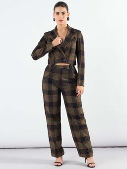 Powersutra - Notched Lapel Checked Crop Blazer with Trouser (Set of 2)