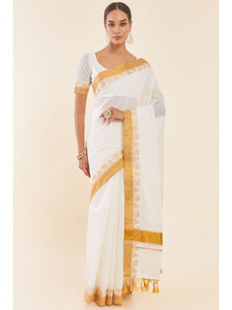 Soch - Off White Cotton Kasavu Saree with Dual Tone Zari Borders and Unstitched Blouse