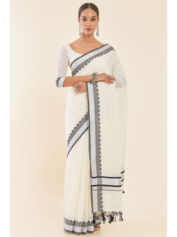 Soch - Off White Cotton Kasavu Saree with Zari Woven Borders and Ethnic Design with Unstitched Blouse