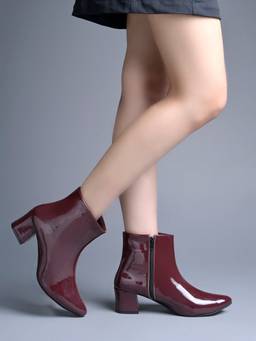 Shoetopia - Cherry Red Block Heel Pointed Toe Casual Boots