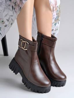 Shoetopia - Brown Block Heel Round Toe Casual Boots