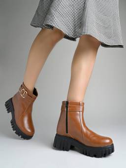 Shoetopia - Tan Block Heel Reound Toe Casual Boots