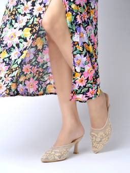 Shoetopia - Embroidered Gold Mesh Mule Heels Sandals
