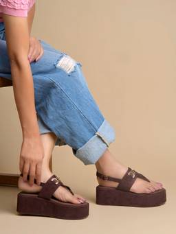 Shoetopia - Brown Suede Finish Platform Heel Sandals